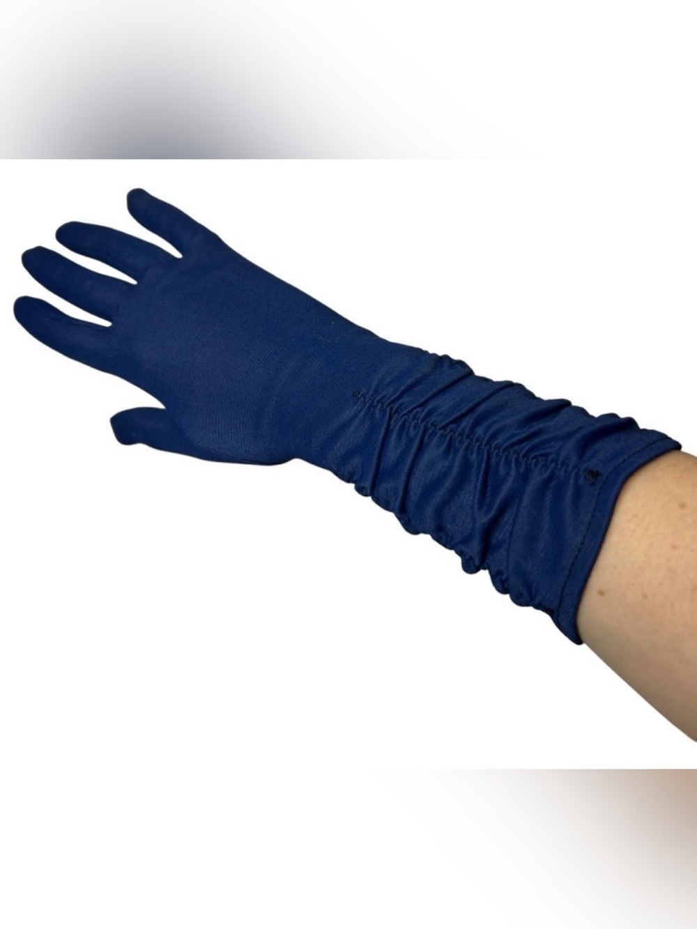 Vintage 1940s Navy Blue Nylon Ruched Pair of Gloves Mid Length Womens 13” - Picture 3 of 4